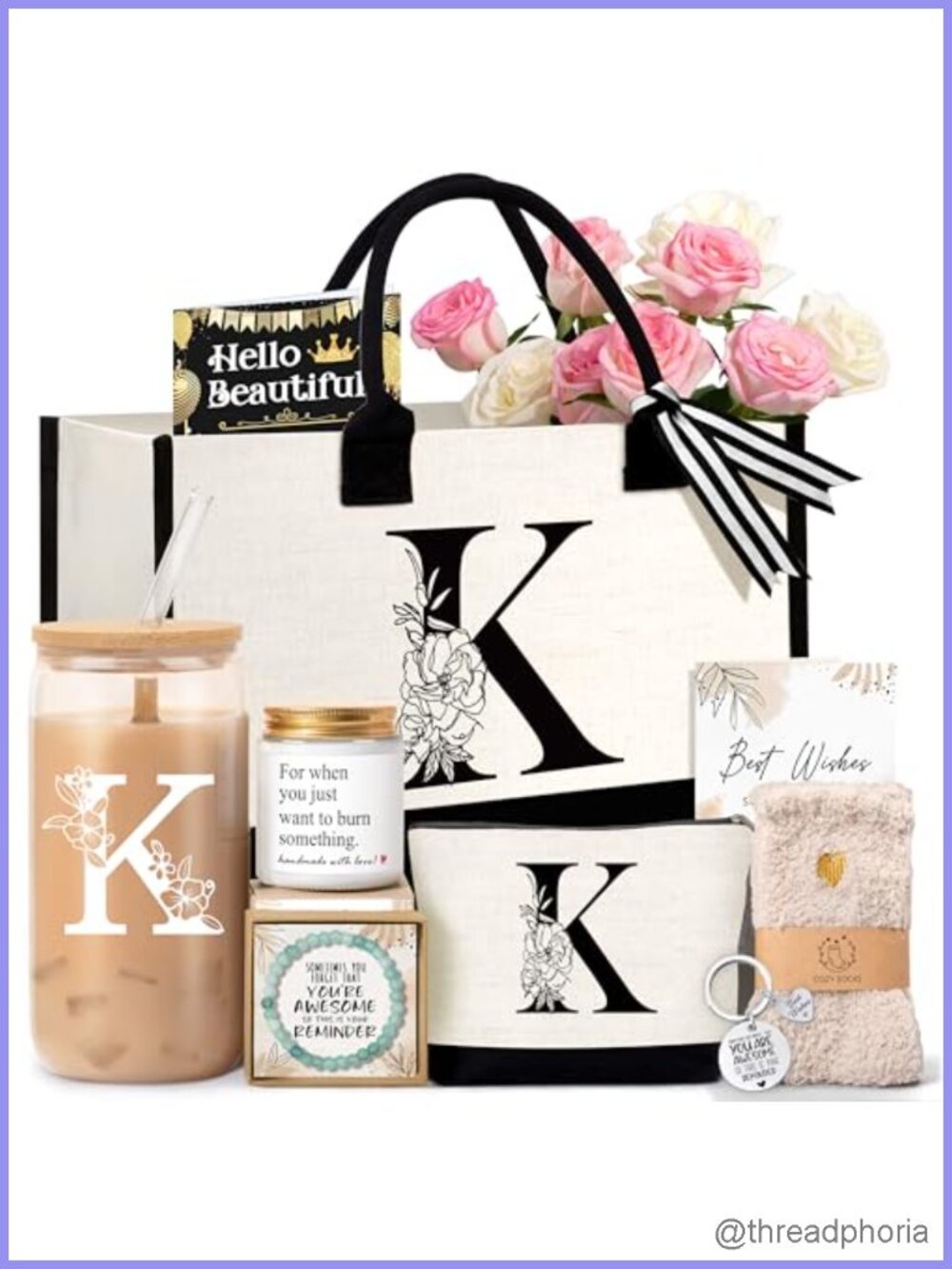 Monogram Tote Bag Set Canvas Cosmetic Bag Glass Cup Birthday Gift for Women